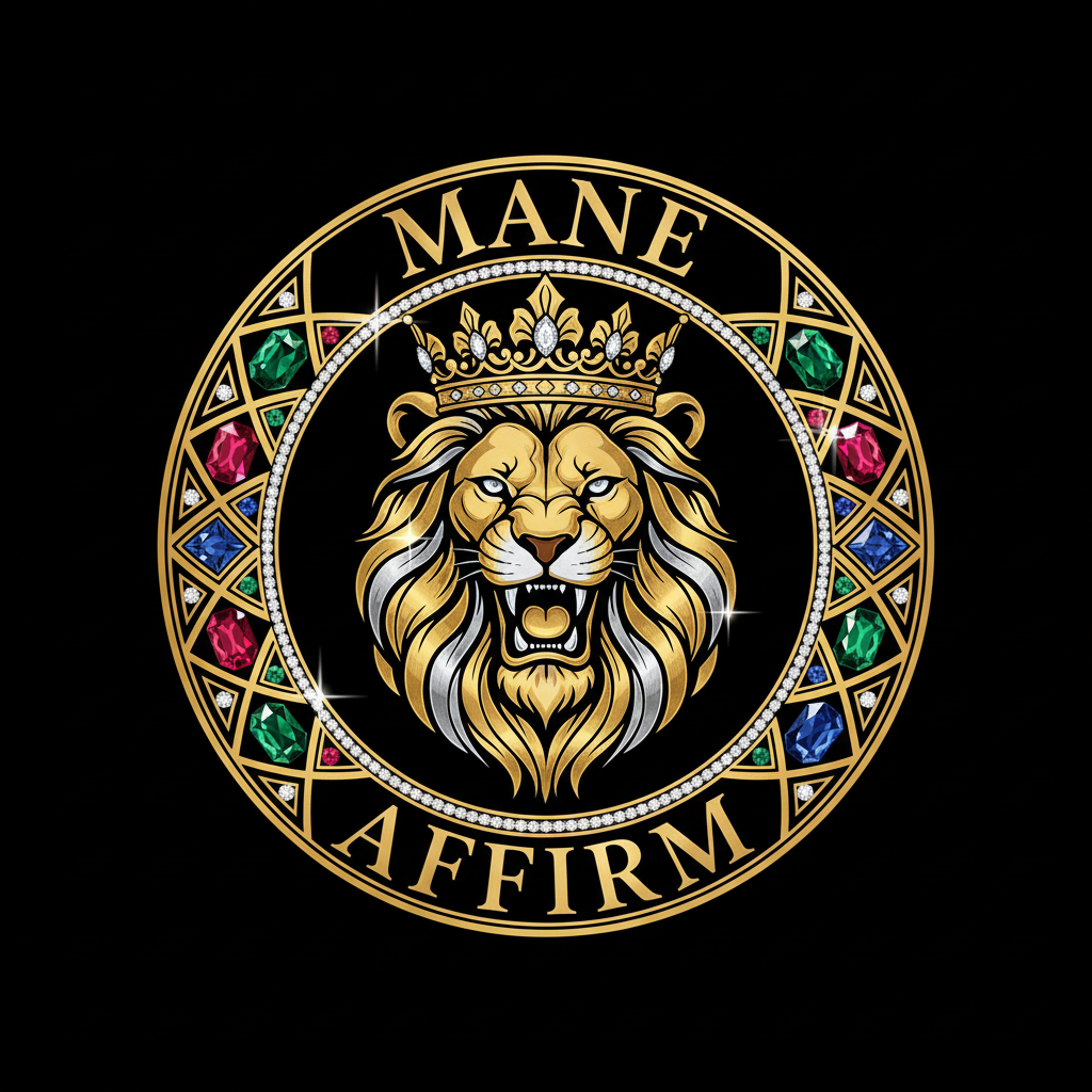 circular-logo-diamond-shapes-jewels-around-the-circle-royal-roaring-lion-wearing-a-crown-luxury-curved-text-on-top-mane-luxury-curved-text-on-bottom-affirm-black-background